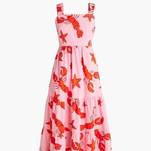 J. Crew Pink and Red Lobster Print Midi Dress